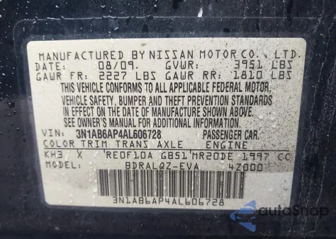 2010 Nissan Sentra 2.0 z USA, uszkodzony, nr VIN 3N1AB6AP4AL606728